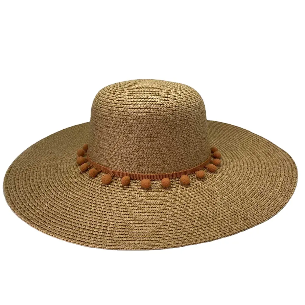 2013 moda Boho geniş Brim plaj Straw disket şapka ponpon topu kadın yazlık şapkalar