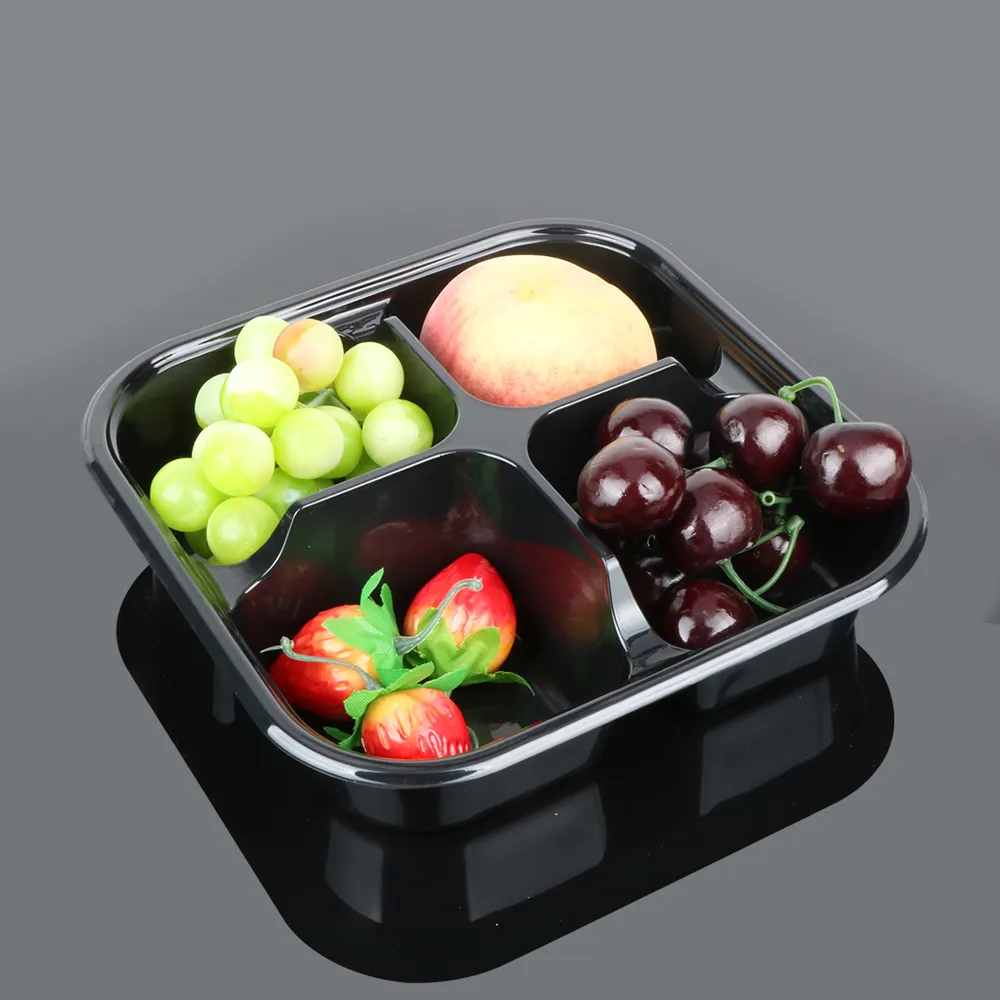 hengmater disposable large fruit 4 compartment food cheap plastic tray with lid