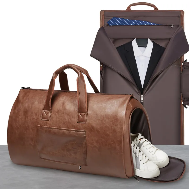 Qualidade Custom Logo PU Leather Garment Duffel Bag Para Pendurar Roupas Capa Travel leather Suit Bag