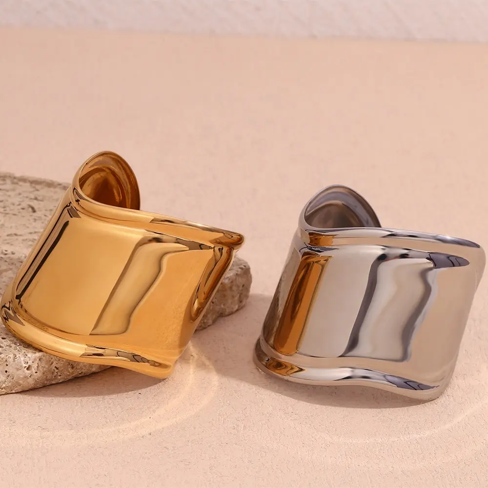 Brazaletes de moda exagerados de estilo Unisex, joyería para mujer, joyería de acero inoxidable chapada en oro con ondas de agua
