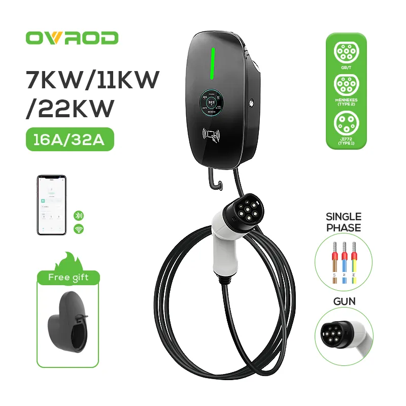 Ovrod OEM ODM 7kW 11Kw 22Kw xe điện EV sạc loại 2 AC tường Hộp nhà EV Trạm Sạc với 4.3 inch LCD hiển thị