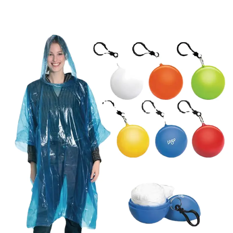 Novo Outdoor Camping Esférico Caso Descartável Rain Poncho Portátil Plastic Ball Raincoat Keychain
