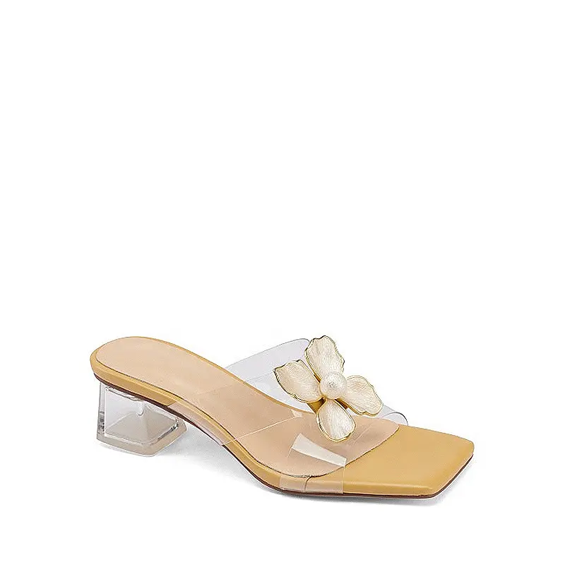 Diseño Original 2024 verano señoras sandalias moda mujeres maduras tacón grueso sandalia zapatillas perla decoración abierta PU flor