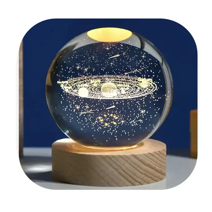 80mm Verre Système Solaire Planète Sphère 3D Laser Gravé Galaxie Boule de Cristal avec Bois Lumière LED Veilleuse pour la décoration intérieure