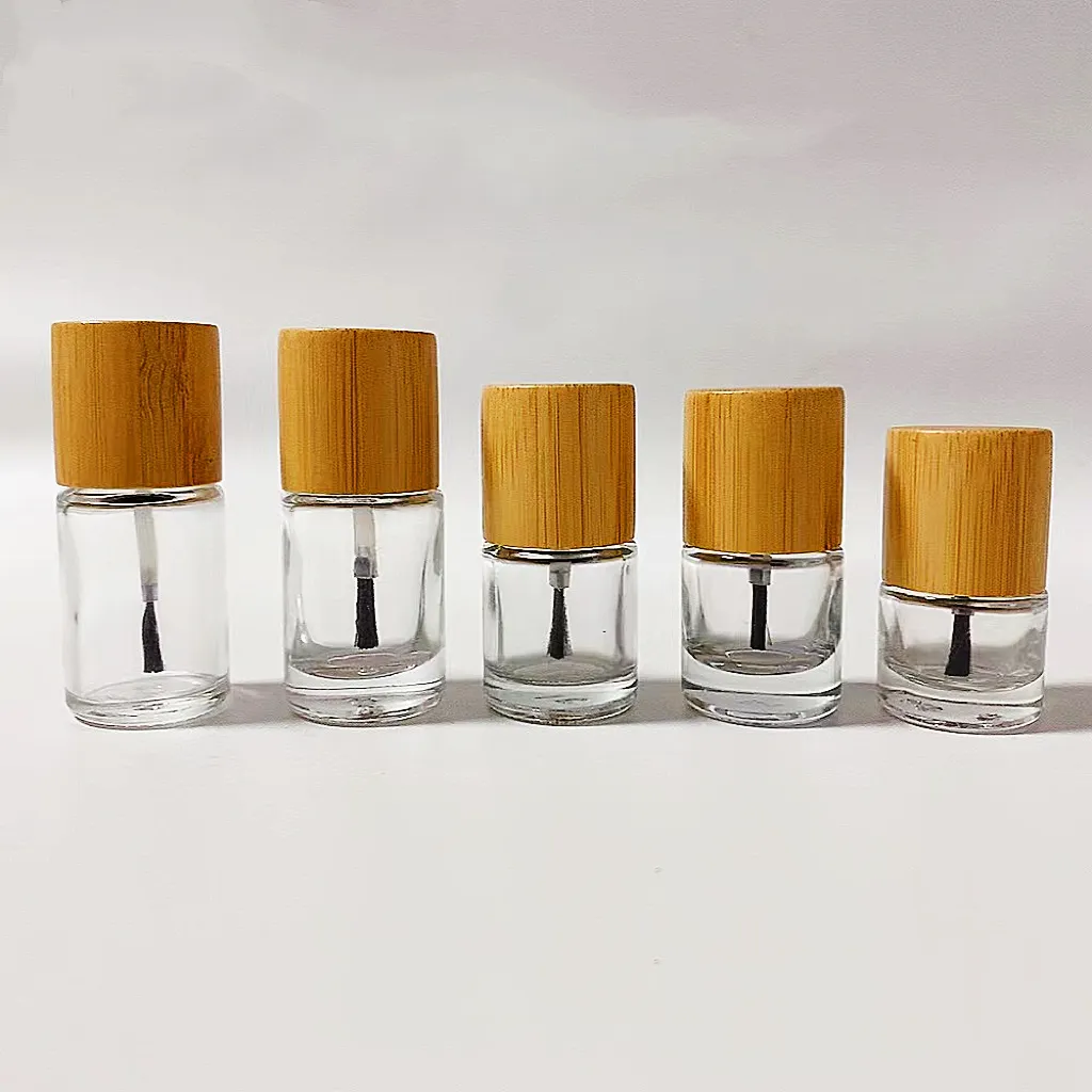 Eco-friendly 3ml 5ml 10ml Custom Bamboo Lid Cosmetic Makeup Round Containers Empty Nail Gel Polish Glass Bottles With Brush