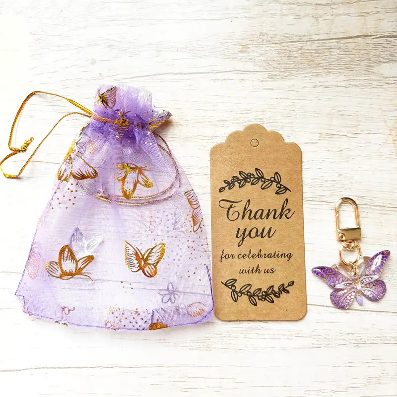 Porte-clé papillon + carte + sac feuille d'or