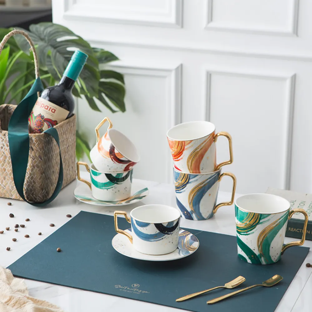 Ensemble de tasses à café de grande capacité, thé, vendu à la main, couleur or, sous-tasse, style arabe, peint à la main, 7 pièces