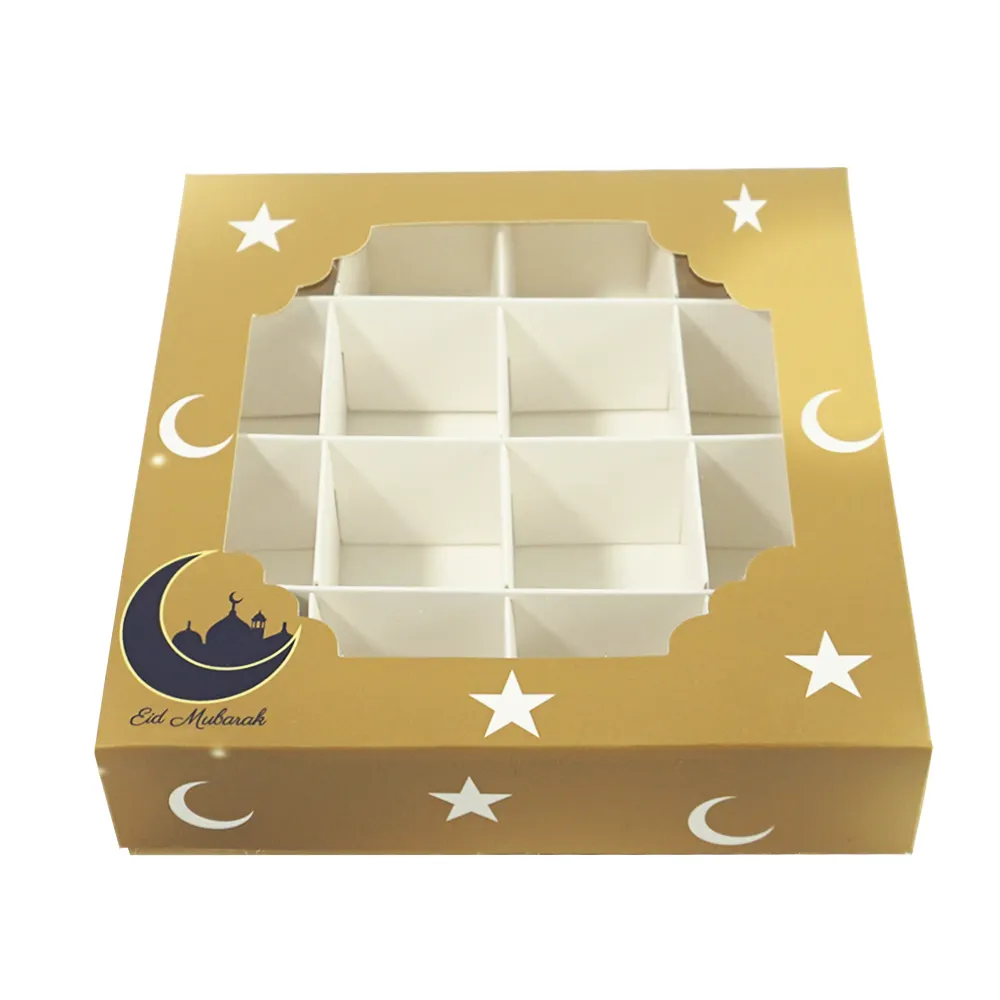 Золотые праздничные конфеты Eid Mubarak, шоколадные кондитерские изделия, 16 ячеек, праздничная мусульманская вечеринка, сладкая Подарочная коробка с окошком