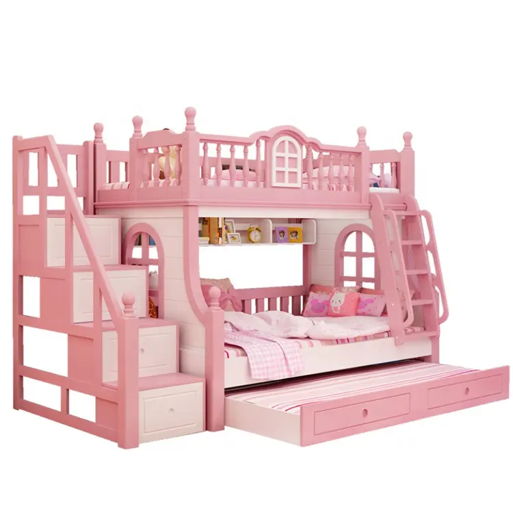 Princesa castelo rosa cama com caixa de armazenamento, meninas garotas bebê camas de madeira sólida meninas quarto conjunto móveis