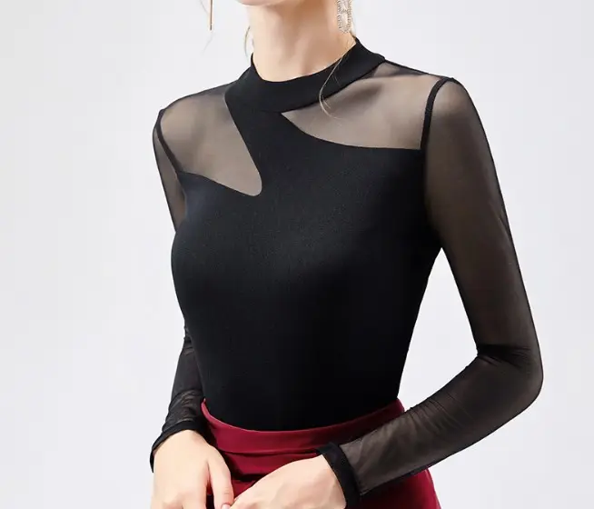 T-shirt à manches longues en dentelle pour femmes, personnalisé, bas quantité minimale de commande 2019 automne sexy transparent noir