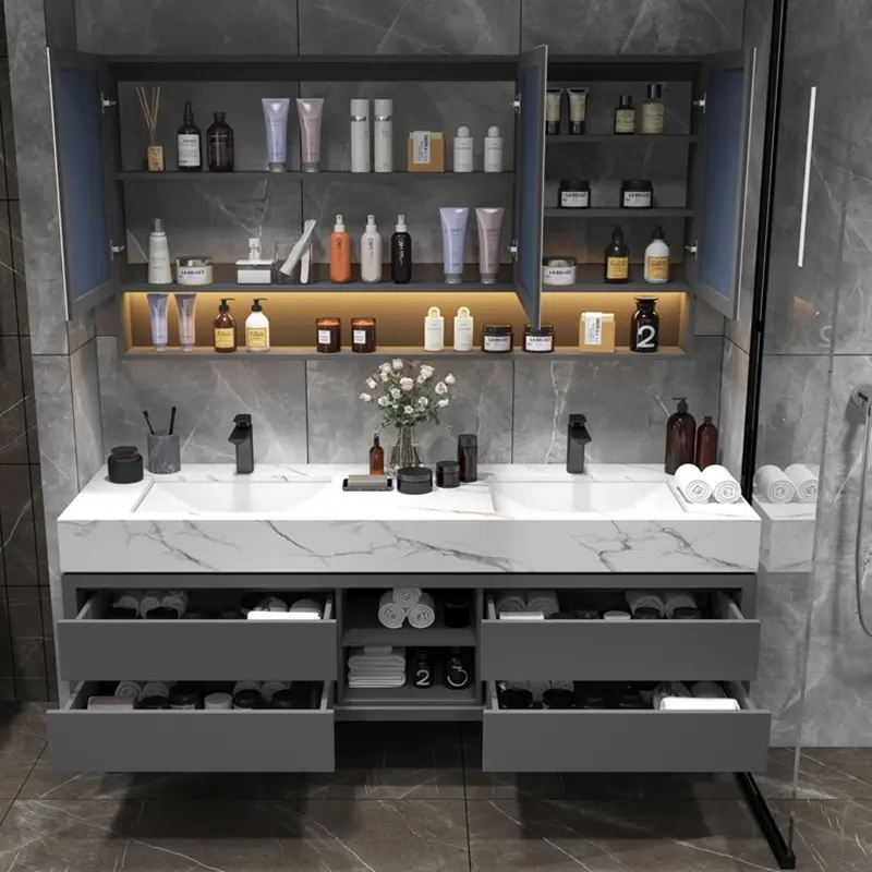 Novo design de luxo banheiro vanity pedra de mármore natural pia do banheiro personalizado móveis vanity armário