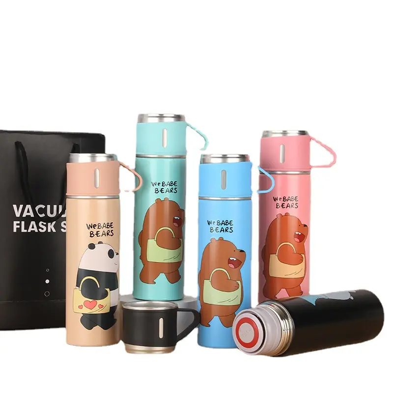 Business custom 500ml double wall vacuum flasks gift set stainless steel insulated thermos water bottle with 2 cups