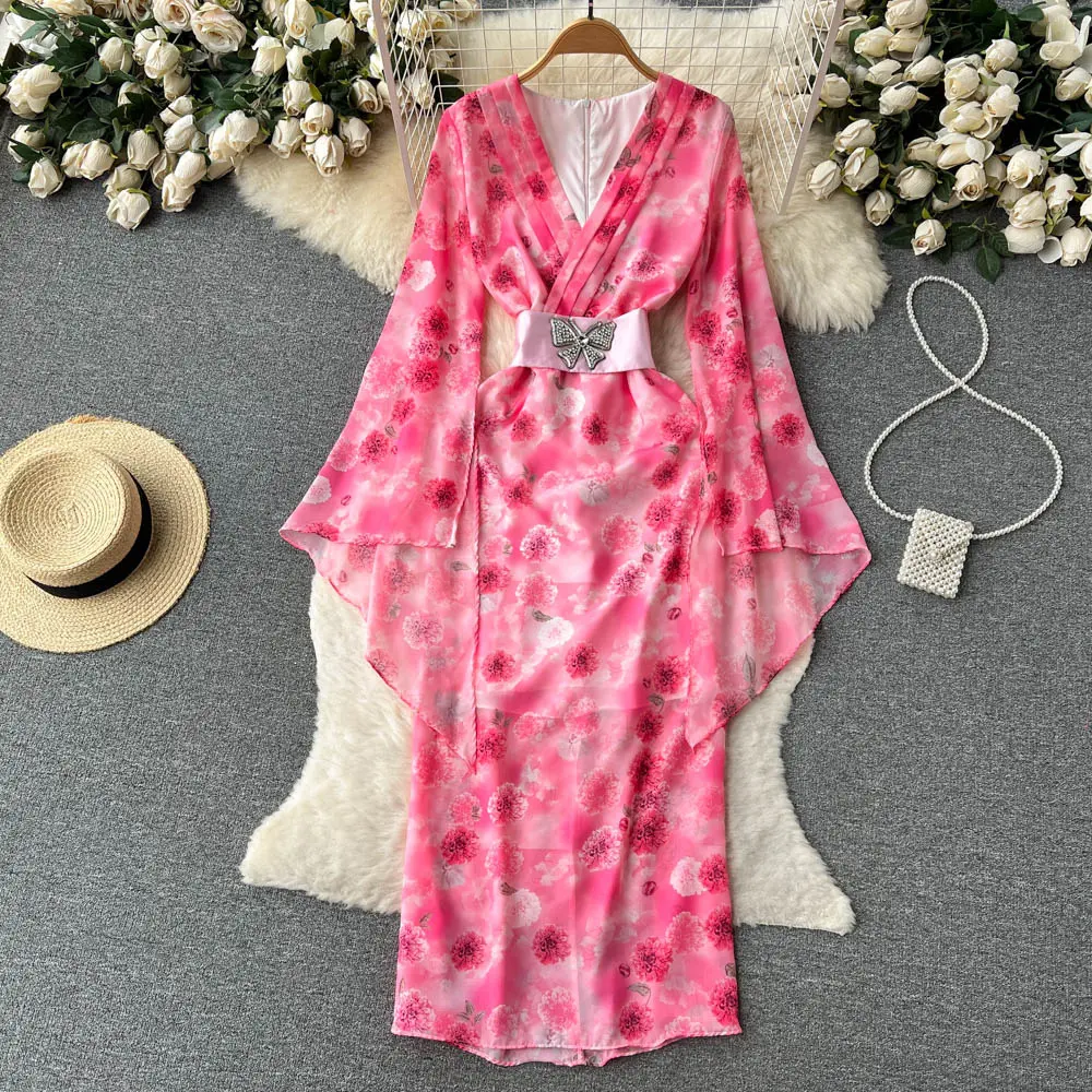 Vestido rodado de chiffon com estampa floral, vestido de flores rosa japonês com decote em v, borboleta