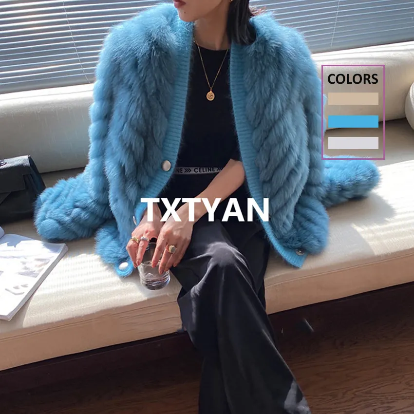 Großhandel einfarbige Mode Luxus Winter Angora Strick Fox Pelzmantel für Frauen