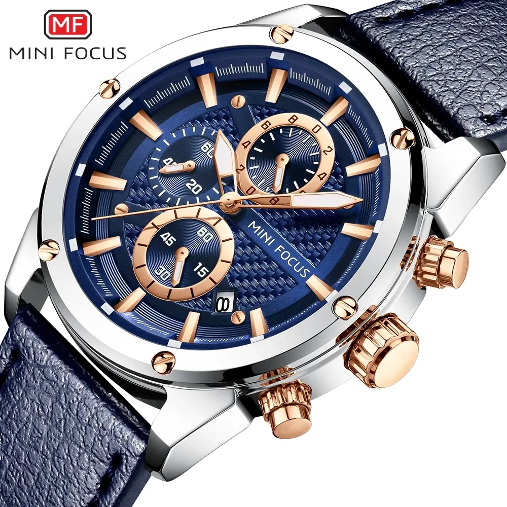Мужские кварцевые часы MINI FOCUS MF0161G, модные и повседневные часы с кожаным ремешком, деловые часы, светящиеся с автоматической датой