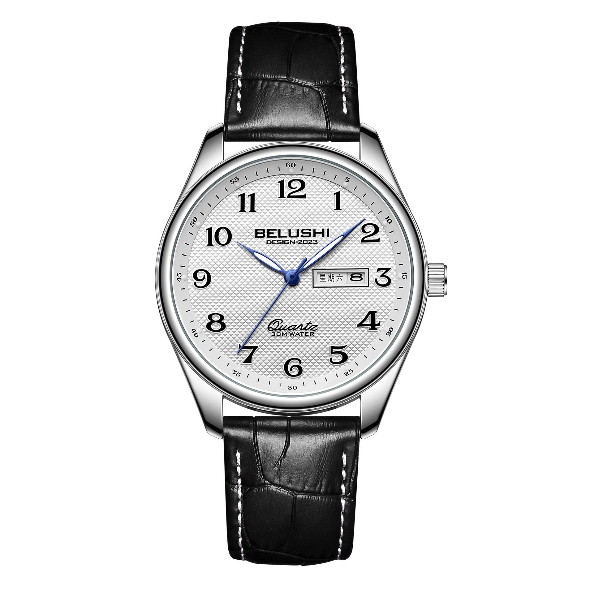 B- 9401 Men's Silver Case White Face Black Belt
