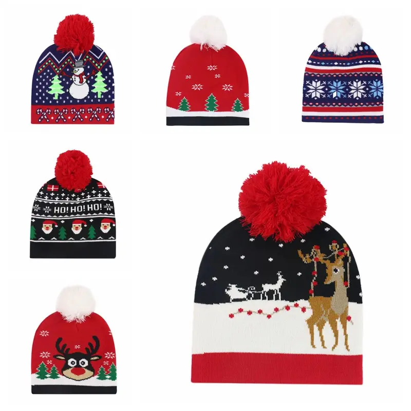Оптовая продажа, модная зимняя теплая вязаная шапка LRT из искусственного меха, мягкая шапка с помпоном в виде Санты, светодиодная Рождественская шапка для взрослых