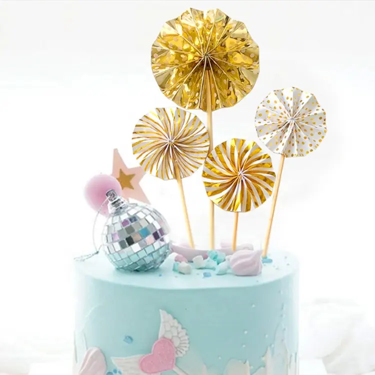Topper di torta di forma di ventaglio di carta pieghevole Topper torta di compleanno fiore ventaglio di carta all'ingrosso per decorazioni torta nuziale di compleanno