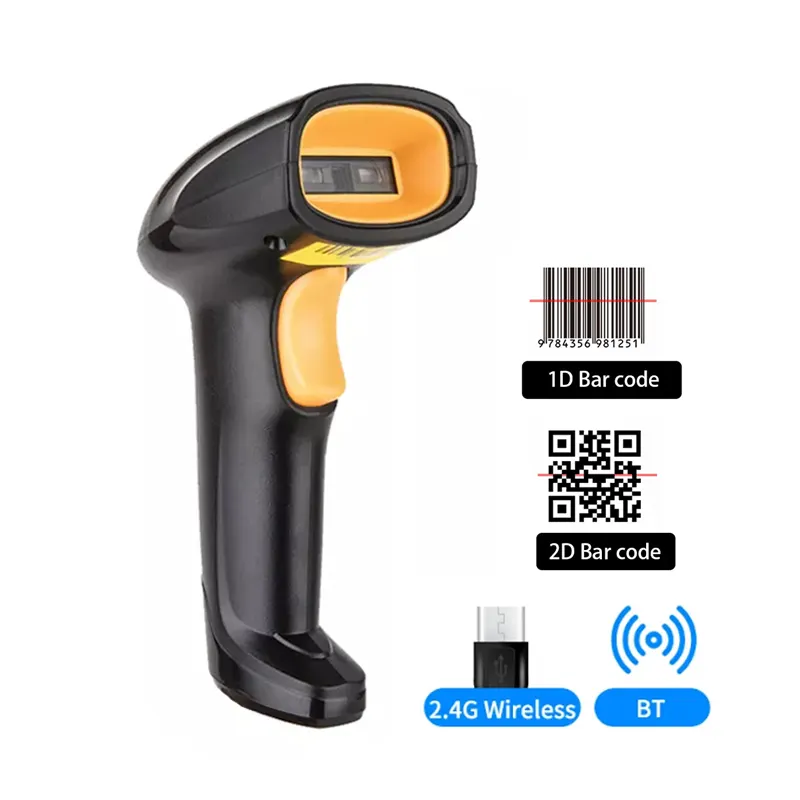 Scanner de codes-barres BT 2.4GHz, lecteur de codes-barres sans fil 1D/2D lecteur de codes-barres automatique QR Scanner pistolet