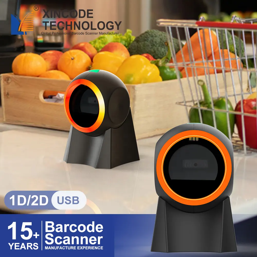 Xincode 2D-Omnidirectional-USB-Barcode-Scanner Desktop 1D-Scanner QR-Barcode-Lieser für Kassierer Buchladen Supermarkt