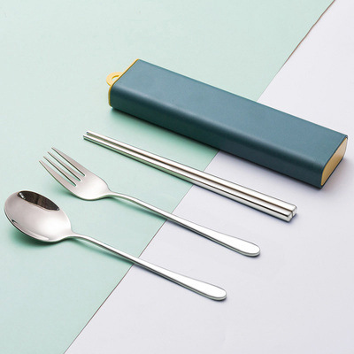 Ensemble de 3 pièces de couleur naturelle, baguettes, fourchette, cuillère + étui bleu