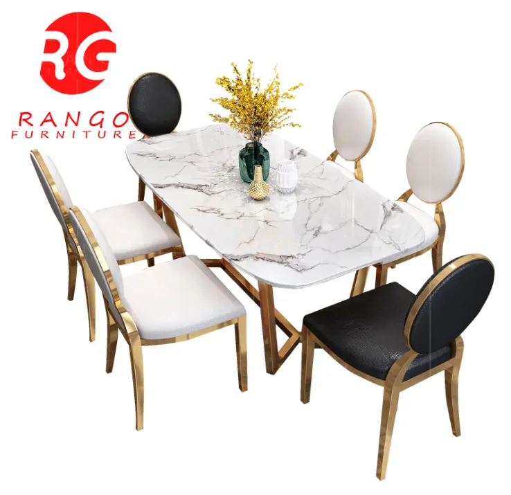 Mesa de comedor Rectangular de Metal dorado y mármol blanco, mueble para el hogar, 200cm