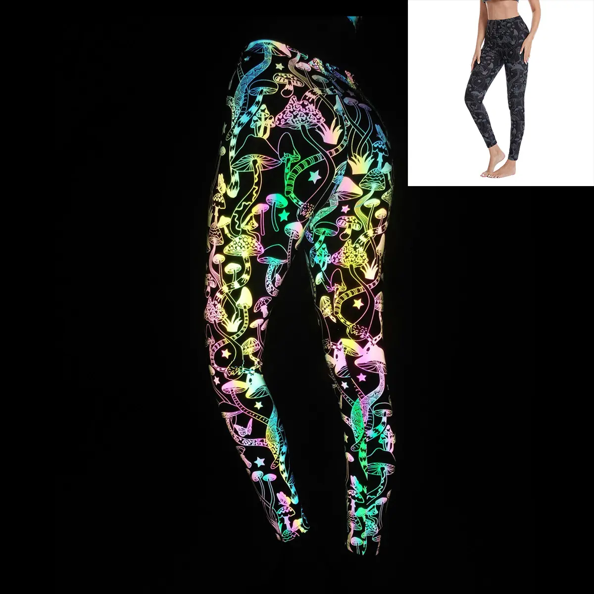 Nuovo arrivo fungo luce riflettente 7 colori laser donna leggings a vita alta yoga notte corsa sport pantaloni a compressione da donna