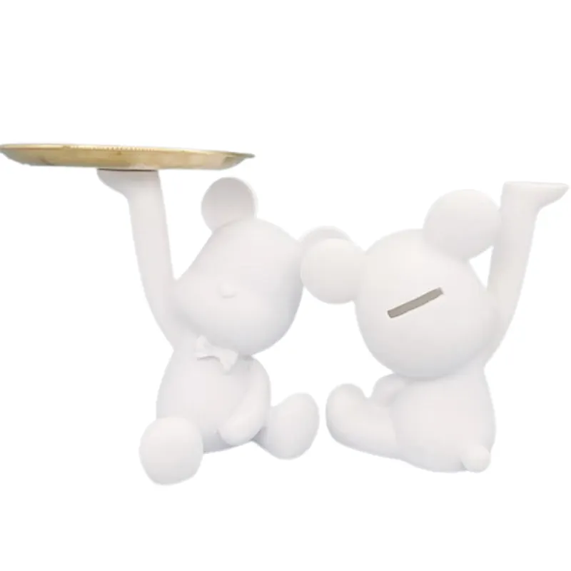 Cofrinho de resina para crianças, bandeja de urso fluido para embriões, estátua de urso, pintura artificial em vinil branco