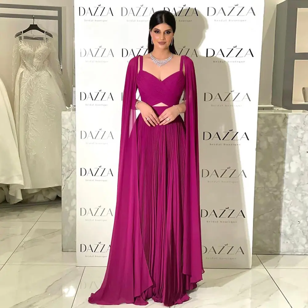 Scz125 Arabe Fuchsia Mousseline De Soie Dubaï Robes De Soirée Avec Cape Manches Élégante Jaune Femmes De Mariage Robes Formelles