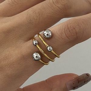 Fashionable and Versatile Titanium Steel Ring, Stainless Steel Gold and <strong>Silver</strong> Color Blocked Spherical Multi-Layer Open Ring - Product Image 1
