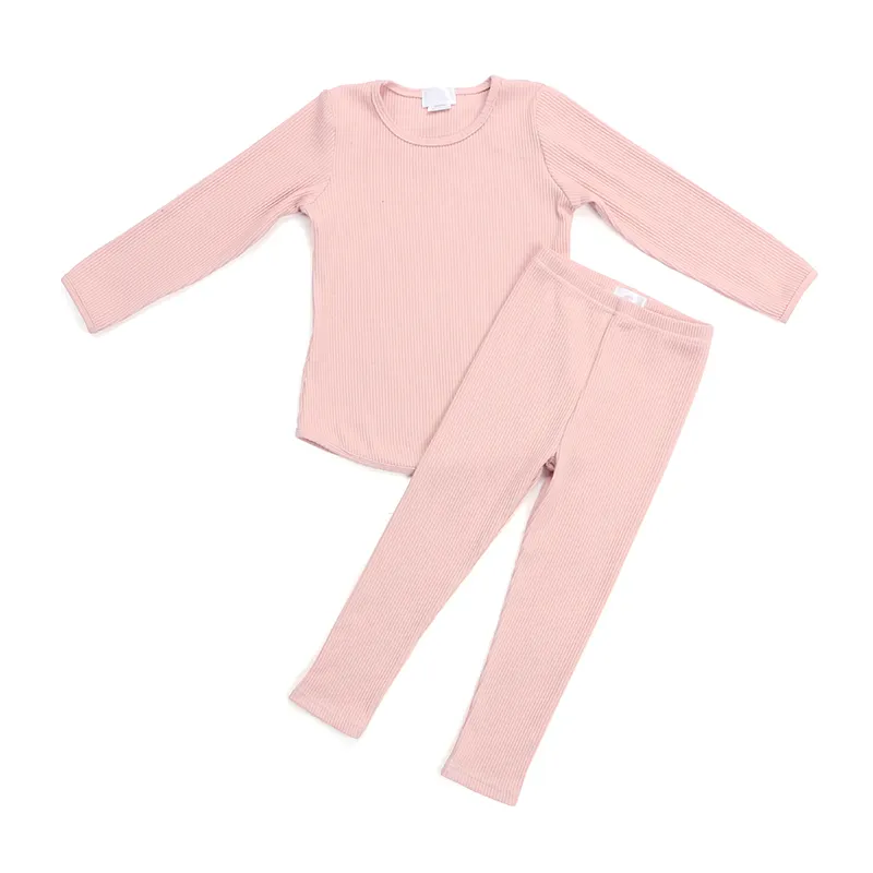 Atacado Boutique Crianças Vestuário Pure Color Ribbed Sets Long Sleeve Baby Girl Outfits Roupas