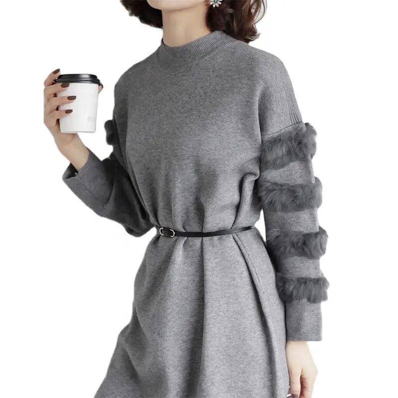 Maglione di lana invernale da donna alla moda di nuova moda con strisce di pelliccia di coniglio su maniche giacca di pelliccia di coniglio da donna