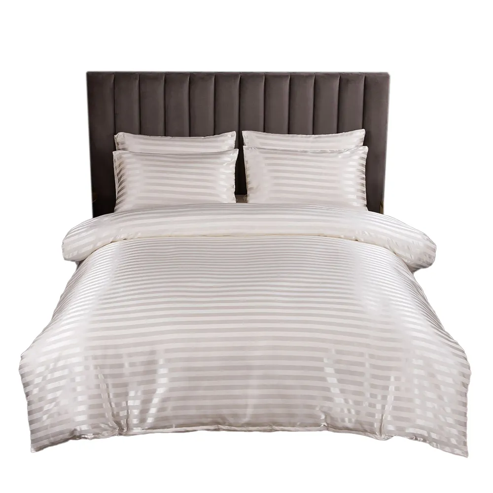 Yourlia Set tempat tidur penutup selimut bergaris Satin berkualitas tinggi mewah 3 buah Set tempat tidur Linen tempat tidur rumah ramah kulit Super lembut