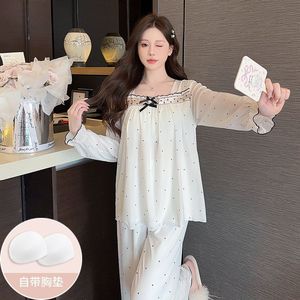高品质春秋女装睡衣新款圆点睡衣印花网眼睡衣柔软休闲睡衣套装