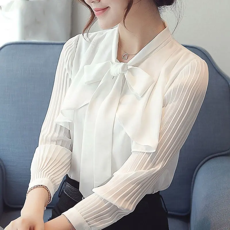 Blusa de chifón de manga larga para oficina, camisa elegante coreana con lazo para mujer, Color liso, Color blanco