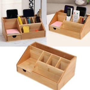 多功能双层办公桌面整理桌竹储物盒笔架带抽屉 - Product Image 5