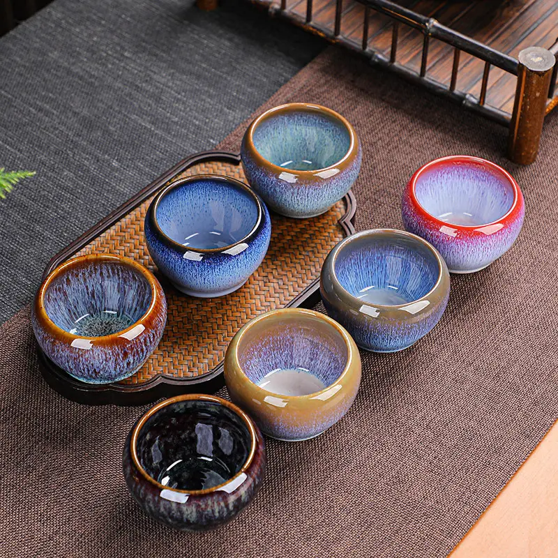 Cambio de horno chino, taza de té Jianzhan de cerámica, taza de té Retro Temmoku Glaze, tazón de té de cerámica azul, tazas maestras de té para el hogar, venta al por mayor
