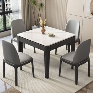 Set Meja Makan Persegi Batu Putih Modern 4 Kursi Meja Dapur dengan Kaki Kayu Perabot Rumah Set Restoran - Product Image 3