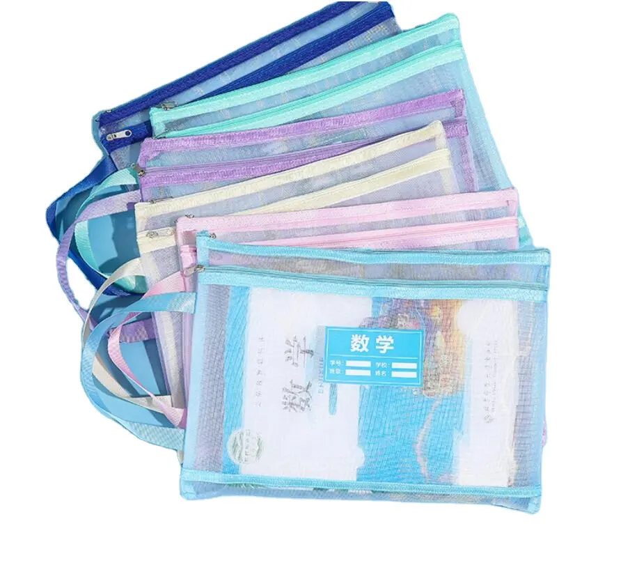 Bolsas de libros de malla de nailon con etiqueta de nombre transparente bolsillo cosido en asa mochilas para niños estudiantes aula escuela hogar