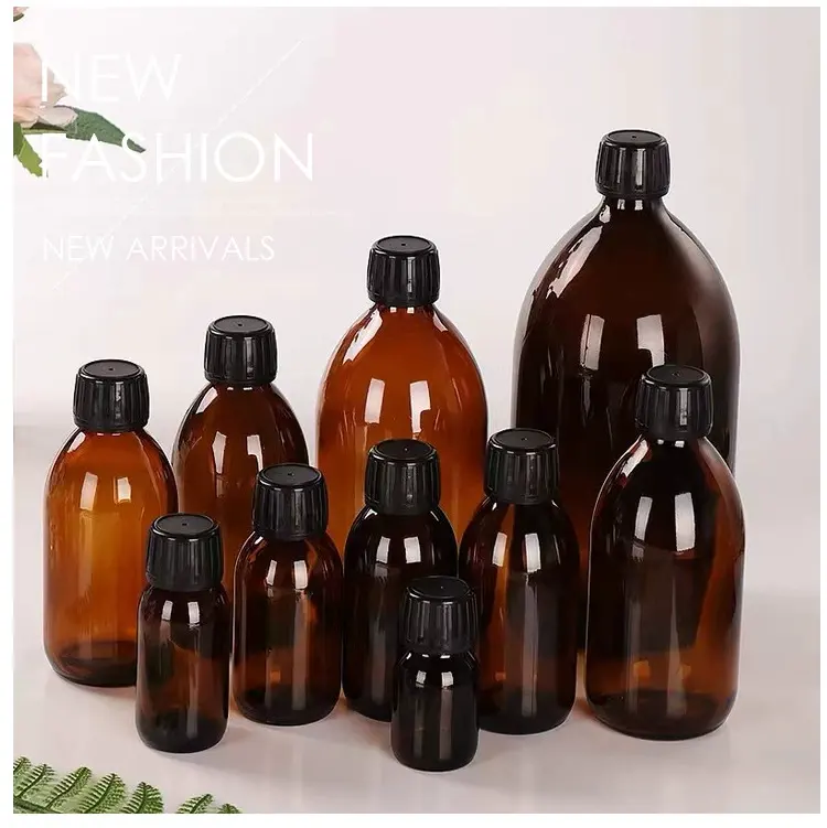 Alta qualidade marrom garrafas 45ml 60ml 100ml 125ml xarope de vidro âmbar oral líquido medicina garrafa DIN28 para com tampa preta
