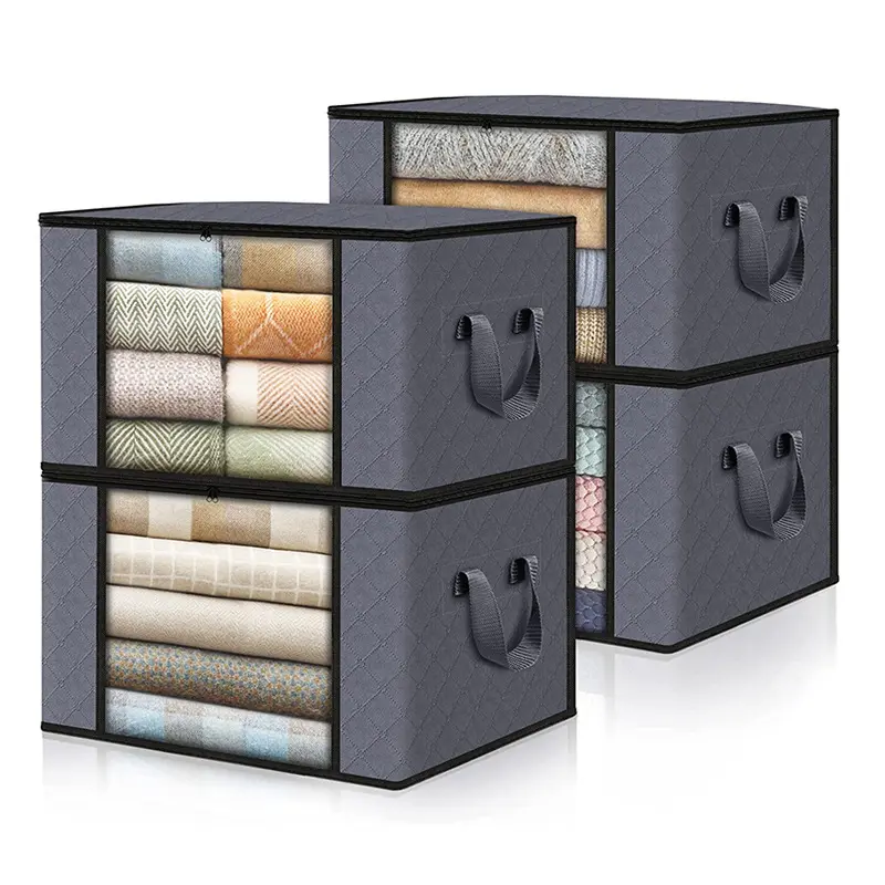 Boîtes de rangement pliables pour couvertures pour organiser le rangement des vêtements de la chambre à coucher avec couvercles et poignée gris