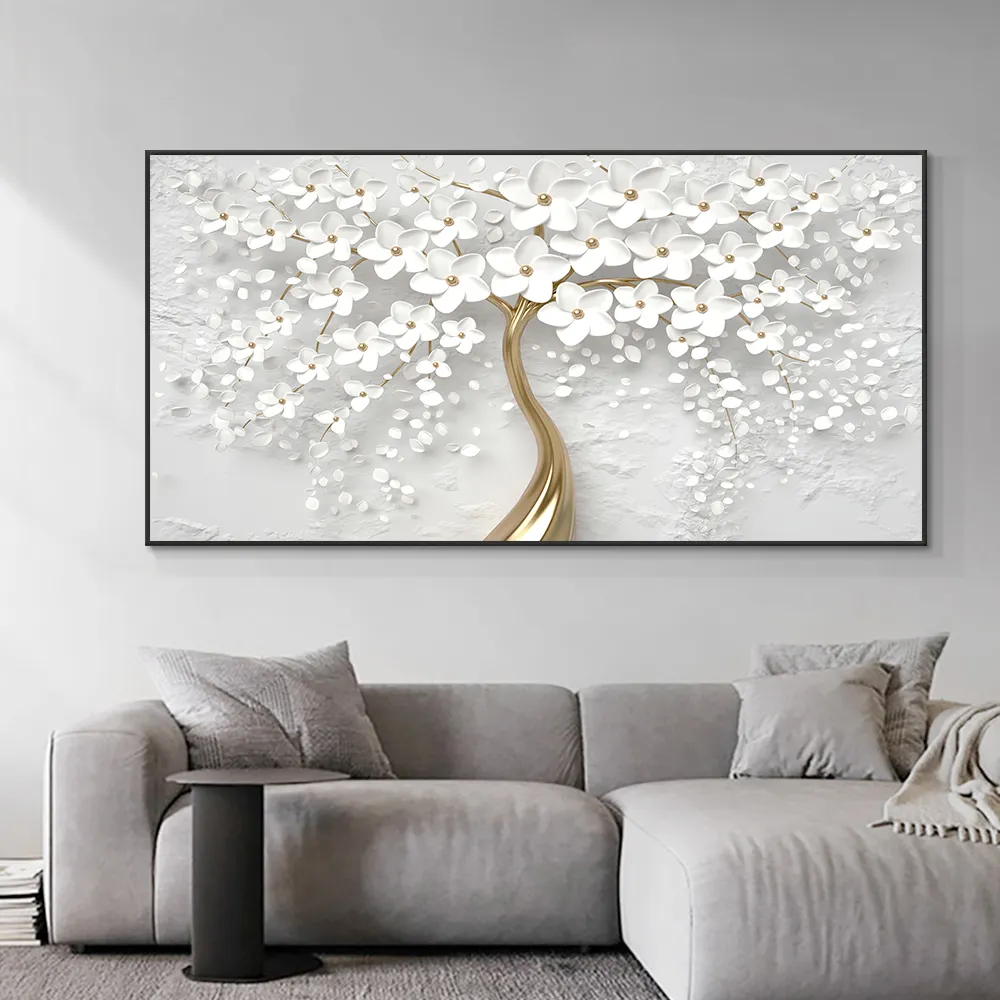 Pintura en lienzo de flores blancas 3D abstracta, pósteres de planta nórdica moderna e impresiones, imagen artística de pared para decoración del hogar y sala de estar