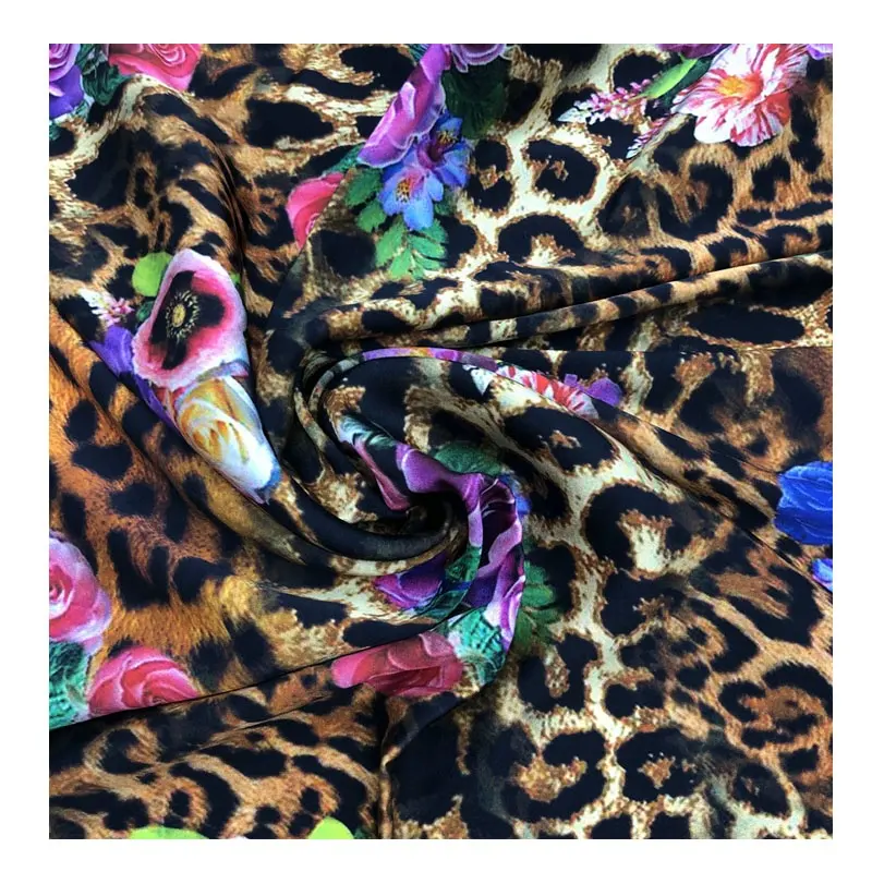 Tela de gasa satinada elástica para vestido, diseño floral de leopardo, poliéster, 75D