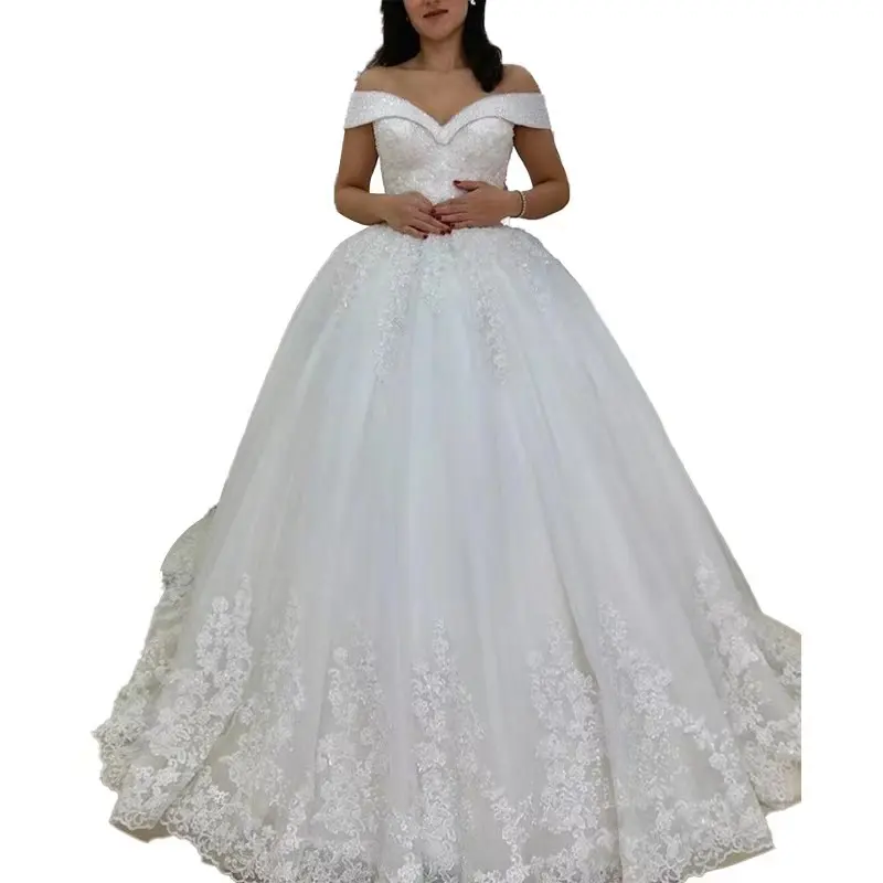 2021 nouveau modèle dentelle hors épaule sexy élégante robe de mariée robe de mariée avec queue