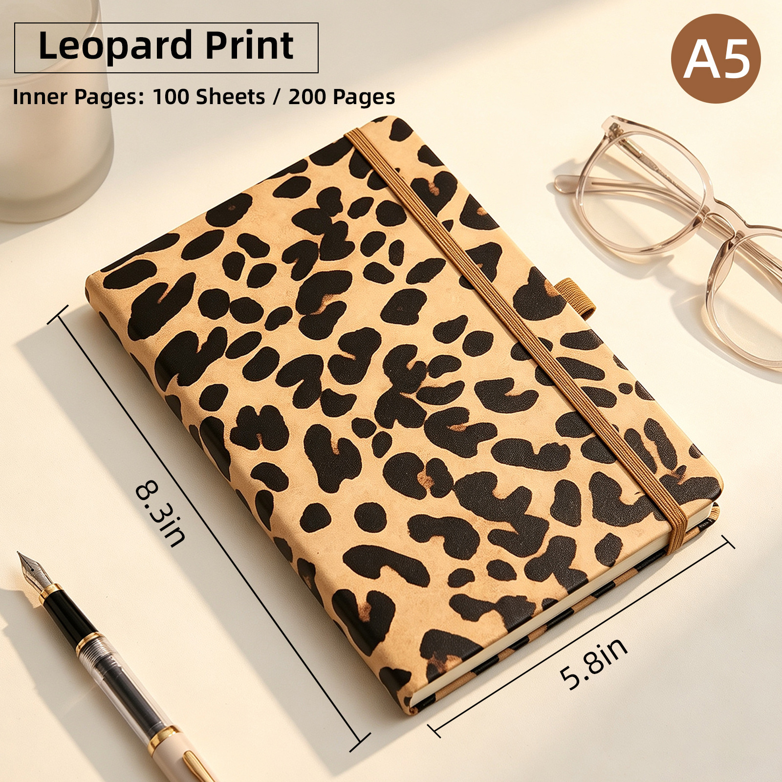 Copertina rigida con stampa leopardata marrone, a5-200 pagine