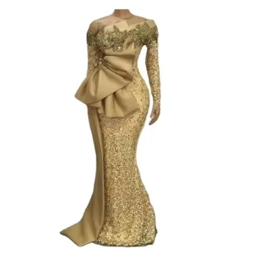 AL1601 Elegant African vestidos de fiesta Sequined Mermaid Formal Dress Gold Beaded Lace Appliques Prom Gowns Evening Dresses