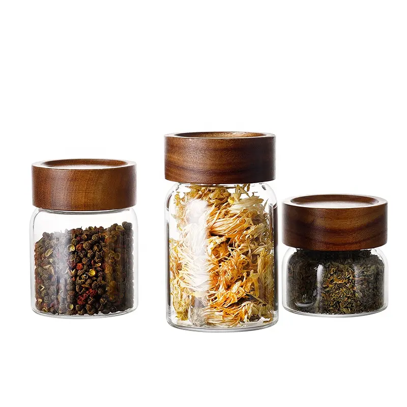 Factory Wholesale Glass Food Jar with Wood Lid High Borosilicate Glass Jar with Acacia Wood Cover Custom Logo