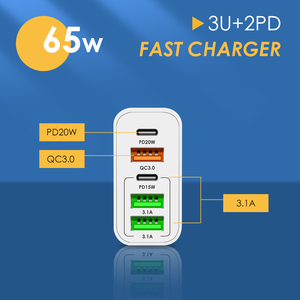 65 W PD-Schnell ladegerät EU US UK 2 Typ C 3 USB-Anschluss Adapter mit mehreren Ausgängen für Mobiltelefone - Product Image 4