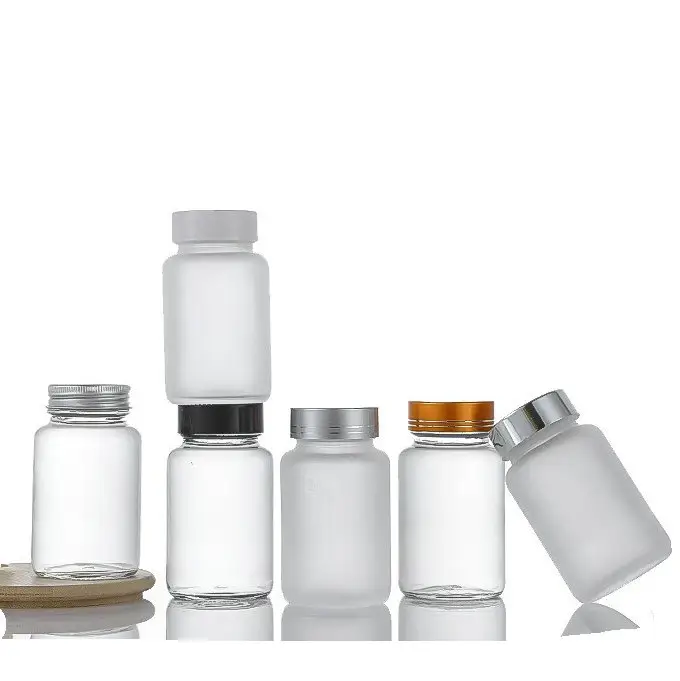 Boca ancha 100CC transparente esmerilado píldora farmacéutica suplemento cápsula azafrán botella de vidrio con tapa de plástico