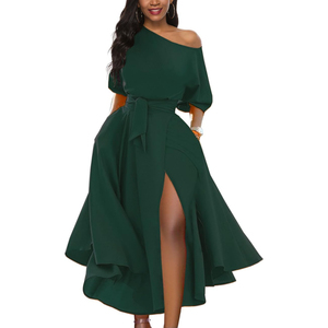 Kadın zarif kapalı omuz kısa kollu kuşaklı yan yarık kokteyl parti askı elbise cepler ile - Product Image 1